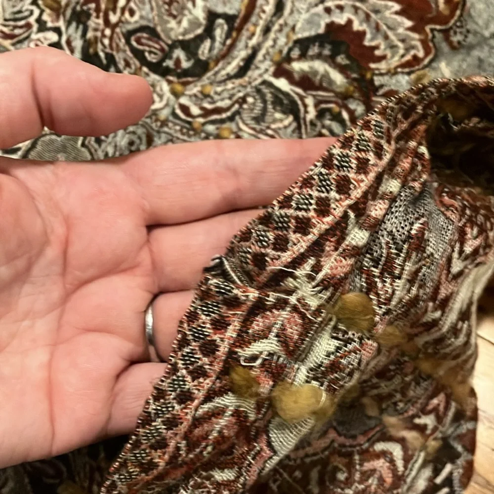 Raj Infinity Scarf Boho Brown Tan Maroon black paisley pattern reversable knit